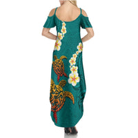 Hawaii Turtle Plumeria Flower Summer Maxi Dress Polynesian Pattern Turquoise Color LT03 - Polynesian Pride