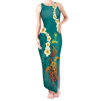 Hawaii Turtle Plumeria Flower Tank Maxi Dress Polynesian Pattern Turquoise Color LT03 Women Turquoise - Polynesian Pride