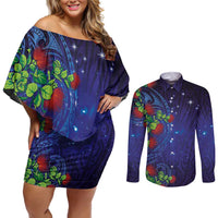 Matariki New Zealand Maori and Pohutukawa Couples Matching Off Shoulder Short Dress and Long Sleeve Button Shirt Galaxy Blue Sky Style