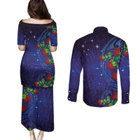 Matariki New Zealand Maori and Pohutukawa Couples Matching Puletasi and Long Sleeve Button Shirt Galaxy Blue Sky Style
