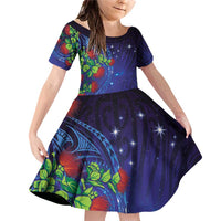 Matariki New Zealand Maori and Pohutukawa Family Matching Off Shoulder Short Dress and Hawaiian Shirt Galaxy Blue Sky Style