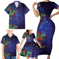 Matariki New Zealand Maori and Pohutukawa Family Matching Short Sleeve Bodycon Dress and Hawaiian Shirt Galaxy Blue Sky Style