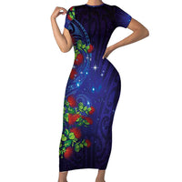 Matariki New Zealand Maori and Pohutukawa Family Matching Short Sleeve Bodycon Dress and Hawaiian Shirt Galaxy Blue Sky Style