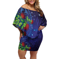 Matariki New Zealand Maori and Pohutukawa Off Shoulder Short Dress Galaxy Blue Sky Style