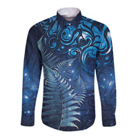 Matariki New Zealand Maori Silver Fern Long Sleeve Button Shirt Galaxy Blue Sky Style