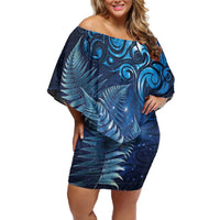 Matariki New Zealand Maori Silver Fern Off Shoulder Short Dress Galaxy Blue Sky Style
