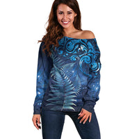 Matariki New Zealand Maori Silver Fern Off Shoulder Sweater Galaxy Blue Sky Style