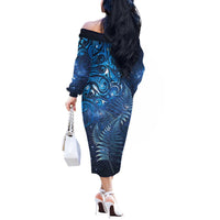 Matariki New Zealand Maori Silver Fern Off The Shoulder Long Sleeve Dress Galaxy Blue Sky Style
