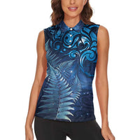 Matariki New Zealand Maori Silver Fern Women Sleeveless Polo Shirt Galaxy Blue Sky Style