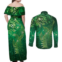 Matariki New Zealand Maori Silver Fern Couples Matching Off Shoulder Maxi Dress and Long Sleeve Button Shirt Galaxy Green Sky Style