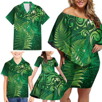 Matariki New Zealand Maori Silver Fern Family Matching Off Shoulder Short Dress and Hawaiian Shirt Galaxy Green Sky Style
