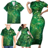 Matariki New Zealand Maori Silver Fern Family Matching Short Sleeve Bodycon Dress and Hawaiian Shirt Galaxy Green Sky Style