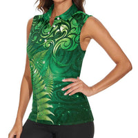 Matariki New Zealand Maori Silver Fern Women Sleeveless Polo Shirt Galaxy Green Sky Style