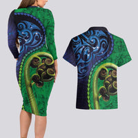 New Zealand Matariki Fern Frond Koru Couples Matching Long Sleeve Bodycon Dress and Hawaiian Shirt with Galaxy Blue Sky and Green Paua Shell Art