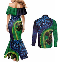 New Zealand Matariki Fern Frond Koru Couples Matching Mermaid Dress and Long Sleeve Button Shirt with Galaxy Blue Sky and Green Paua Shell Art