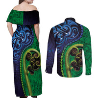 New Zealand Matariki Fern Frond Koru Couples Matching Off Shoulder Maxi Dress and Long Sleeve Button Shirt with Galaxy Blue Sky and Green Paua Shell Art