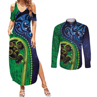 New Zealand Matariki Fern Frond Koru Couples Matching Summer Maxi Dress and Long Sleeve Button Shirt with Galaxy Blue Sky and Green Paua Shell Art