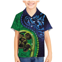 New Zealand Matariki Fern Frond Koru Family Matching Mermaid Dress and Hawaiian Shirt with Galaxy Blue Sky and Green Paua Shell Art