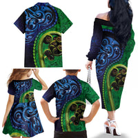New Zealand Matariki Fern Frond Koru Family Matching Off The Shoulder Long Sleeve Dress and Hawaiian Shirt with Galaxy Blue Sky and Green Paua Shell Art