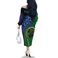 New Zealand Matariki Fern Frond Koru Family Matching Off The Shoulder Long Sleeve Dress and Hawaiian Shirt with Galaxy Blue Sky and Green Paua Shell Art