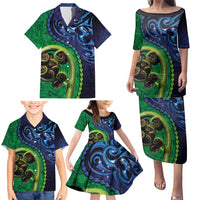 New Zealand Matariki Fern Frond Koru Family Matching Puletasi and Hawaiian Shirt with Galaxy Blue Sky and Green Paua Shell Art