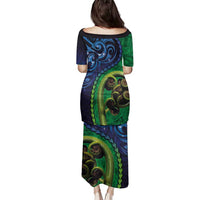 New Zealand Matariki Fern Frond Koru Family Matching Puletasi and Hawaiian Shirt with Galaxy Blue Sky and Green Paua Shell Art