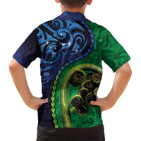 New Zealand Matariki Fern Frond Koru Family Matching Summer Maxi Dress and Hawaiian Shirt with Galaxy Blue Sky and Green Paua Shell Art