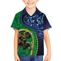 New Zealand Matariki Fern Frond Koru Family Matching Summer Maxi Dress and Hawaiian Shirt with Galaxy Blue Sky and Green Paua Shell Art