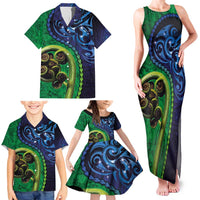 New Zealand Matariki Fern Frond Koru Family Matching Tank Maxi Dress and Hawaiian Shirt with Galaxy Blue Sky and Green Paua Shell Art