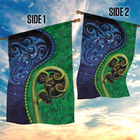 New Zealand Matariki Fern Frond Koru Garden Flag with Galaxy Blue Sky and Green Paua Shell Art
