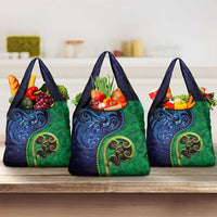 New Zealand Matariki Fern Frond Koru Grocery Bag with Galaxy Blue Sky and Green Paua Shell Art
