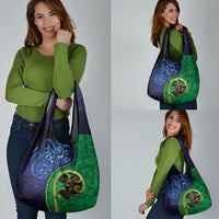 New Zealand Matariki Fern Frond Koru Grocery Bag with Galaxy Blue Sky and Green Paua Shell Art