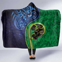 New Zealand Matariki Fern Frond Koru Hooded Blanket with Galaxy Blue Sky and Green Paua Shell Art