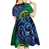 New Zealand Matariki Fern Frond Koru Kid Short Sleeve Dress with Galaxy Blue Sky and Green Paua Shell Art