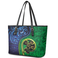 New Zealand Matariki Fern Frond Koru Leather Tote Bag with Galaxy Blue Sky and Green Paua Shell Art