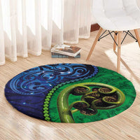 New Zealand Matariki Fern Frond Koru Round Carpet with Galaxy Blue Sky and Green Paua Shell Art