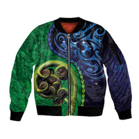 New Zealand Matariki Fern Frond Koru Sleeve Zip Bomber Jacket with Galaxy Blue Sky and Green Paua Shell Art