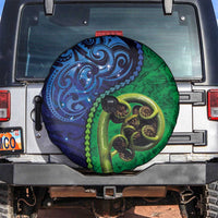 New Zealand Matariki Fern Frond Koru Spare Tire Cover with Galaxy Blue Sky and Green Paua Shell Art
