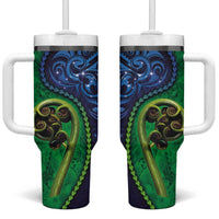New Zealand Matariki Fern Frond Koru Tumbler With Handle with Galaxy Blue Sky and Green Paua Shell Art