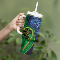New Zealand Matariki Fern Frond Koru Tumbler With Handle with Galaxy Blue Sky and Green Paua Shell Art