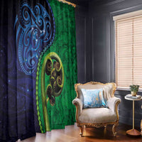New Zealand Matariki Fern Frond Koru Window Curtain with Galaxy Blue Sky and Green Paua Shell Art