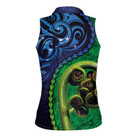 New Zealand Matariki Fern Frond Koru Women Sleeveless Polo Shirt with Galaxy Blue Sky and Green Paua Shell Art