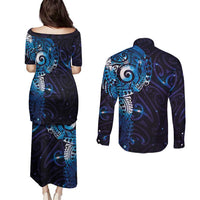 Matariki New Zealand Maori Koru Art Tattoo Couples Matching Puletasi and Long Sleeve Button Shirt New Year Galaxy Blue Sky Style