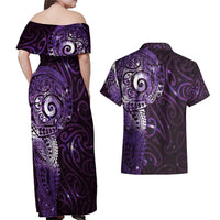 Matariki New Zealand Maori Koru Art Tattoo Couples Matching Off Shoulder Maxi Dress and Hawaiian Shirt New Year Galaxy Purple Sky Style