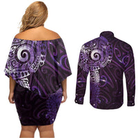 Matariki New Zealand Maori Koru Art Tattoo Couples Matching Off Shoulder Short Dress and Long Sleeve Button Shirt New Year Galaxy Purple Sky Style
