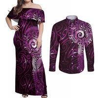 Matariki New Zealand Maori Koru Art Tattoo Couples Matching Off Shoulder Maxi Dress and Long Sleeve Button Shirt New Year Galaxy Pink Sky Style