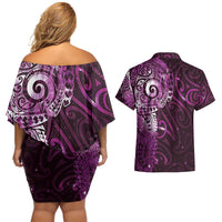 Matariki New Zealand Maori Koru Art Tattoo Couples Matching Off Shoulder Short Dress and Hawaiian Shirt New Year Galaxy Pink Sky Style