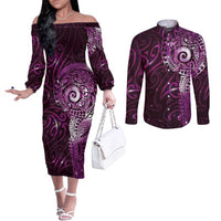 Matariki New Zealand Maori Koru Art Tattoo Couples Matching Off The Shoulder Long Sleeve Dress and Long Sleeve Button Shirt New Year Galaxy Pink Sky Style