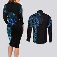 New Zealand Maori Koru Art Traditional Tattoo Couples Matching Long Sleeve Bodycon Dress and Long Sleeve Button Shirt Paua Shell