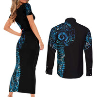 New Zealand Maori Koru Art Traditional Tattoo Couples Matching Short Sleeve Bodycon Dress and Long Sleeve Button Shirt Paua Shell